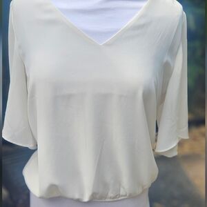 Express Flounce Sleeve Double Strap Back Ivory Blouse Elastic Waist Wmn's Sz M